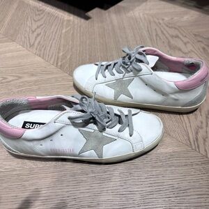 Golden Goose White Leather Sneakers with Pink Heel and Gray Star